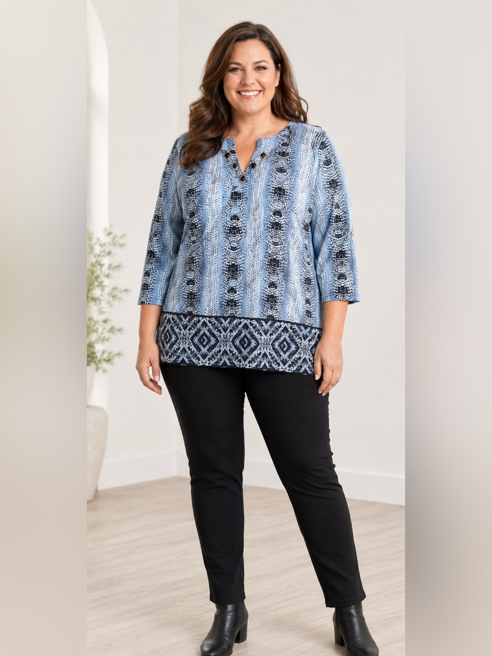Ruby Rd. Women's  Boho Mock V-Neck Blouse 3/4 Sleeve Embellished Top Size 1X